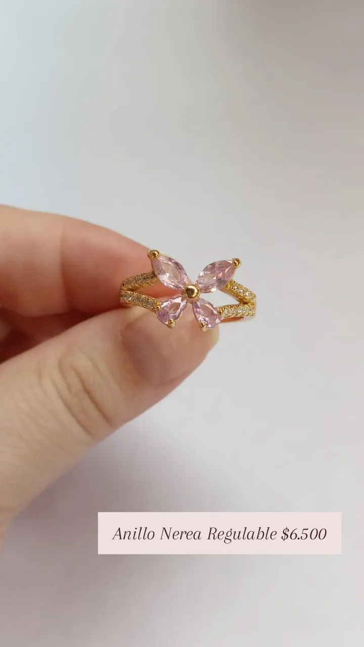 Anillo Nerea Regulable: anillo dorado con flor de cristales rosas y banda de piedritas.