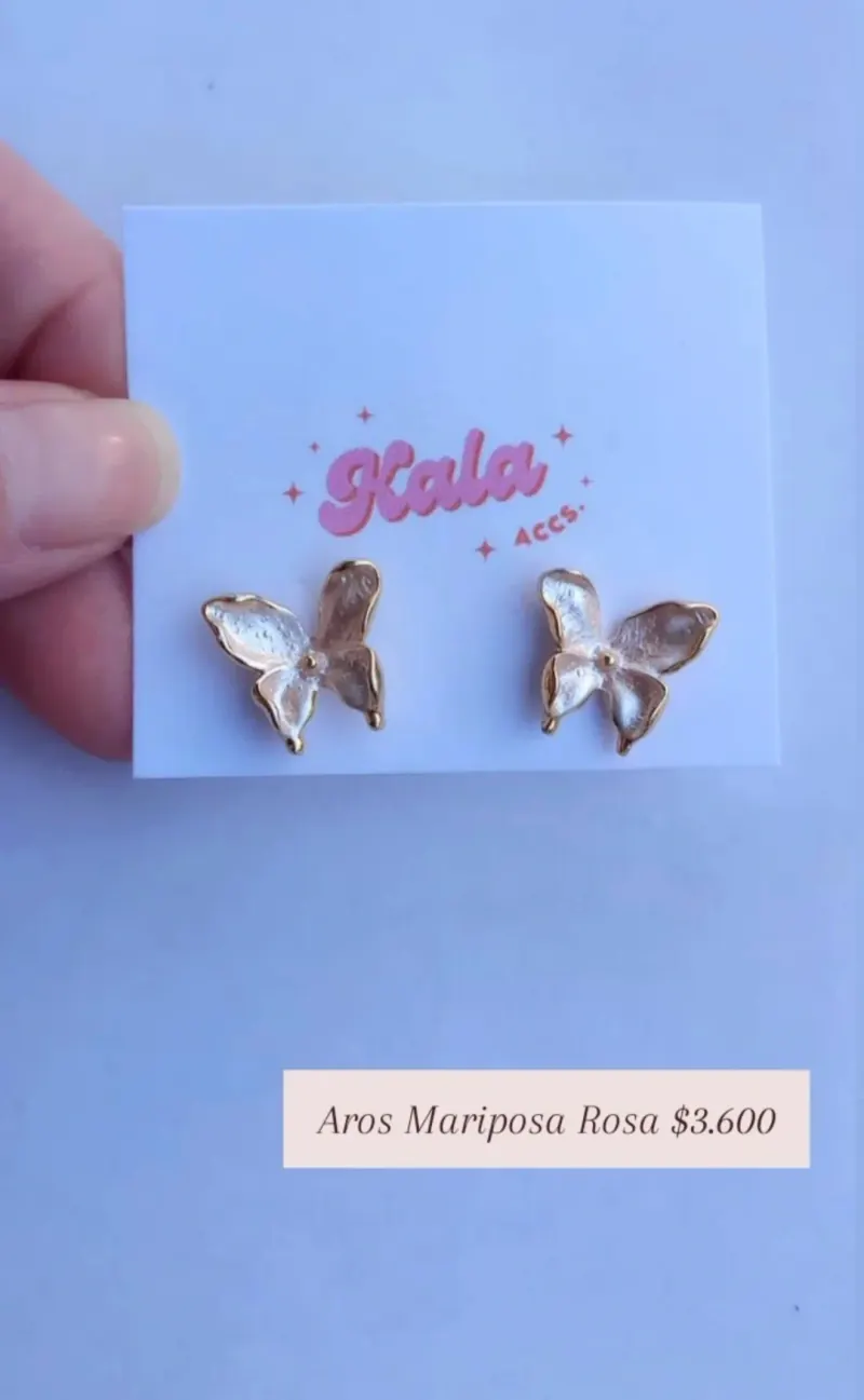 Aros Mariposa Rosa: aros con forma de mariposa, en metal texturado tono rosado.