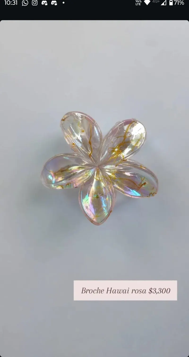 Broche Hawai Rosa: pinza para el pelo con flor de resina traslúcida tornasolada, en tono rosado.